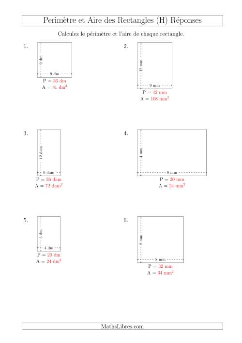 Calcul du Périmètre et de l'Aire des Rectangles (Avec de Petits Nombres Entiers) (H) page 2