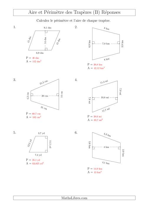 Calcul de l'Aire et du Périmètre des Trapèzes (Plus Petits Nombres) (B) page 2