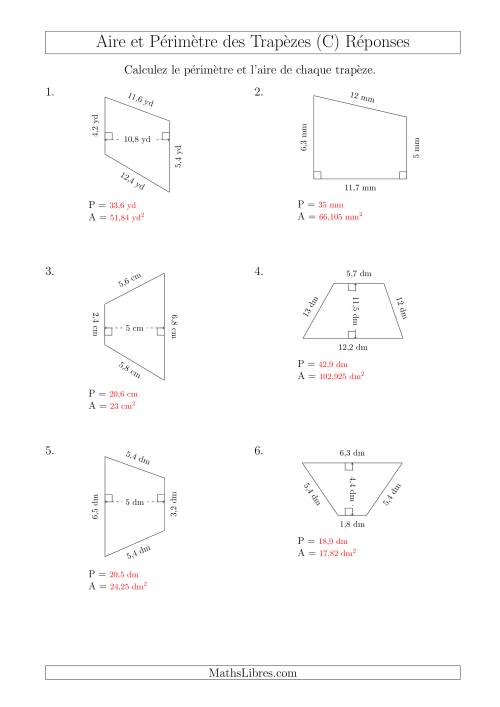 Calcul de l'Aire et du Périmètre des Trapèzes (Plus Petits Nombres) (C) page 2