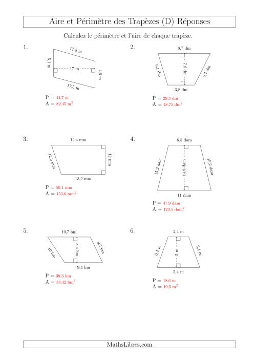 Calcul de l'Aire et du Périmètre des Trapèzes (Plus Petits Nombres) (D) page 2