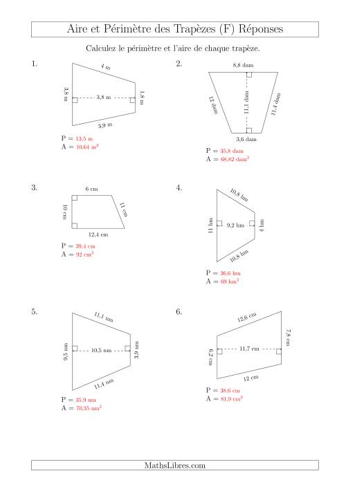 Calcul de l'Aire et du Périmètre des Trapèzes (Plus Petits Nombres) (F) page 2