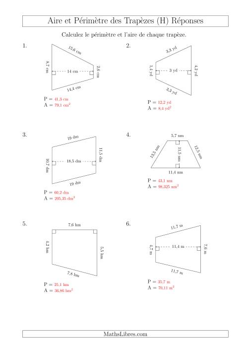 Calcul de l'Aire et du Périmètre des Trapèzes (Plus Petits Nombres) (H) page 2