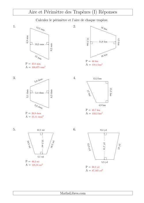 Calcul de l'Aire et du Périmètre des Trapèzes (Plus Petits Nombres) (I) page 2