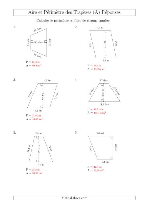 Calcul de l'Aire et du Périmètre des Trapèzes (Plus Petits Nombres) (Tout) page 2