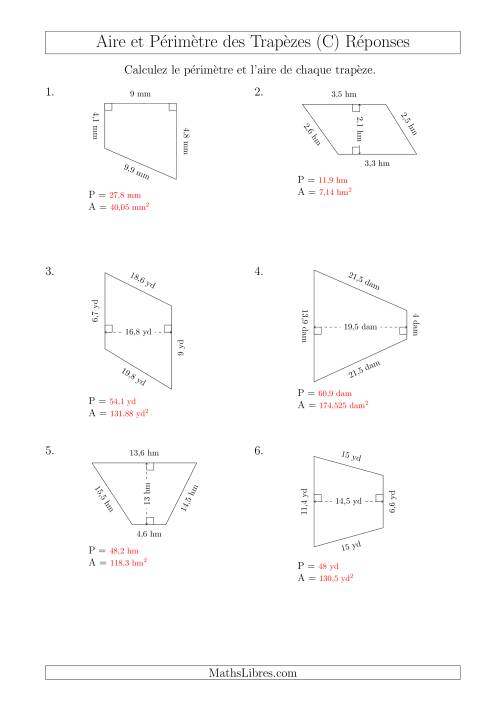 Calcul de l'Aire et du Périmètre des Trapèzes (Plus Grands Nombres) (C) page 2