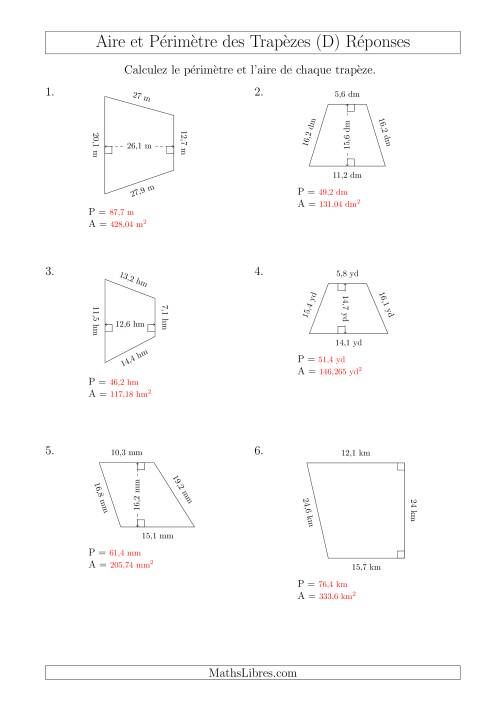 Calcul de l'Aire et du Périmètre des Trapèzes (Plus Grands Nombres) (D) page 2