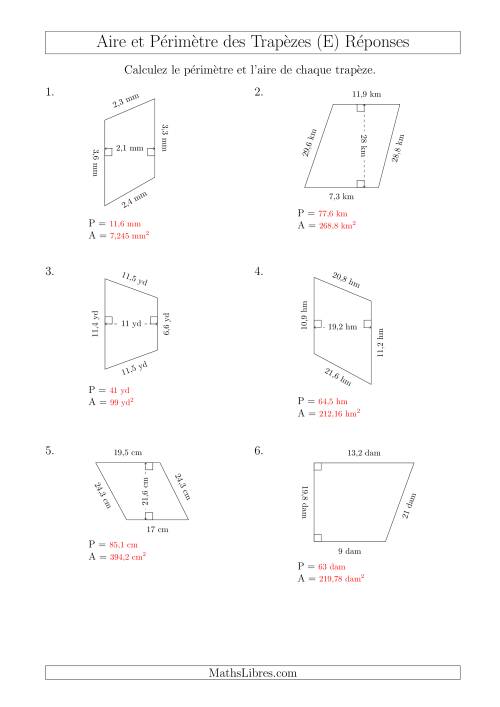 Calcul de l'Aire et du Périmètre des Trapèzes (Plus Grands Nombres) (E) page 2