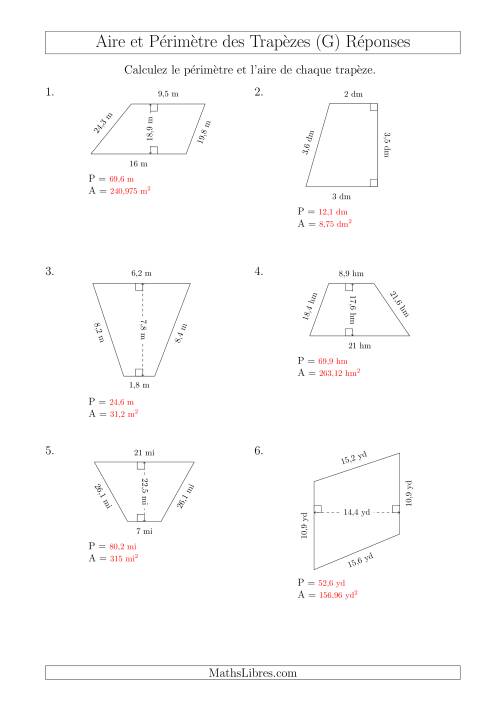 Calcul de l'Aire et du Périmètre des Trapèzes (Plus Grands Nombres) (G) page 2