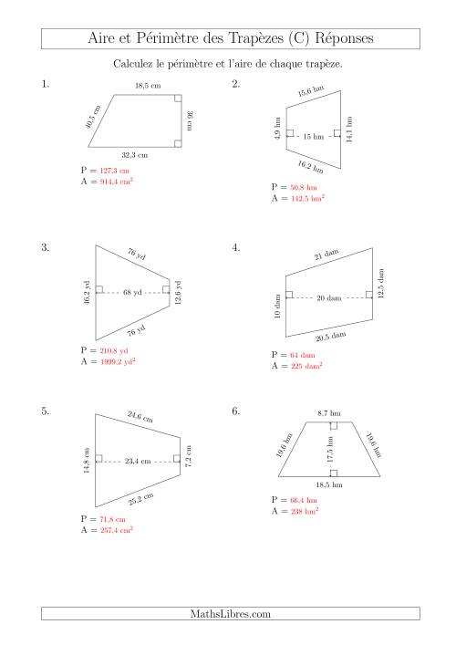 Calcul de l'Aire et du Périmètre des Trapèzes (Nombres Mêmes Plus Grands) (C) page 2