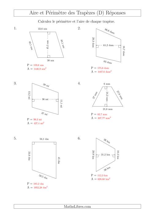 Calcul de l'Aire et du Périmètre des Trapèzes (Nombres Mêmes Plus Grands) (D) page 2