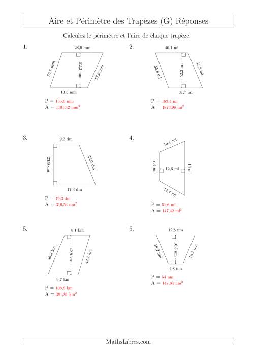 Calcul de l'Aire et du Périmètre des Trapèzes (Nombres Mêmes Plus Grands) (G) page 2