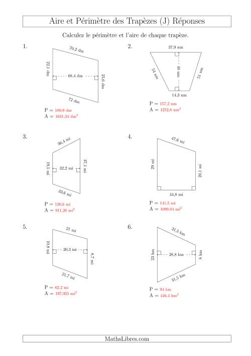 Calcul de l'Aire et du Périmètre des Trapèzes (Nombres Mêmes Plus Grands) (J) page 2