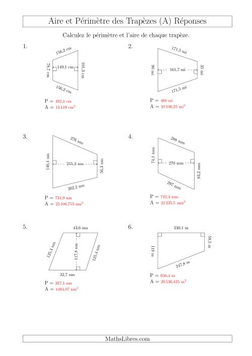 Calcul de l'Aire et du Périmètre des Trapèzes (Plus Grands Nombres Encore) (A) page 2