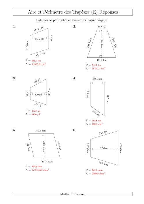 Calcul de l'Aire et du Périmètre des Trapèzes (Plus Grands Nombres Encore) (E) page 2