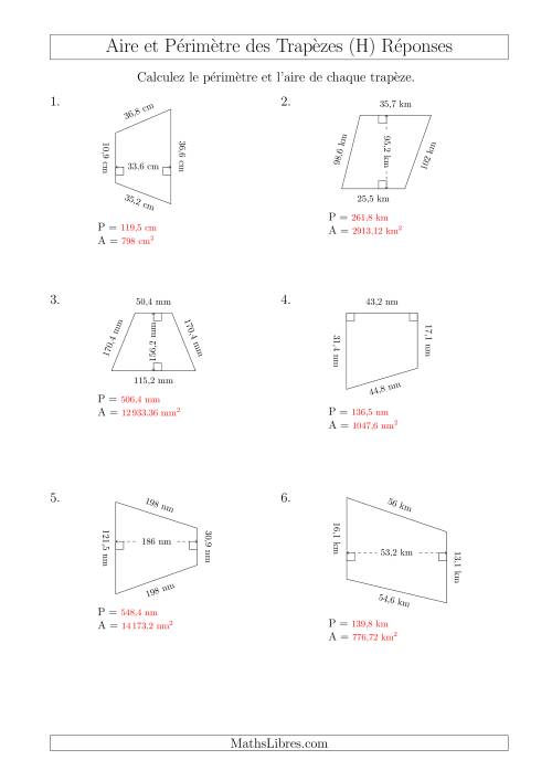 Calcul de l'Aire et du Périmètre des Trapèzes (Plus Grands Nombres Encore) (H) page 2
