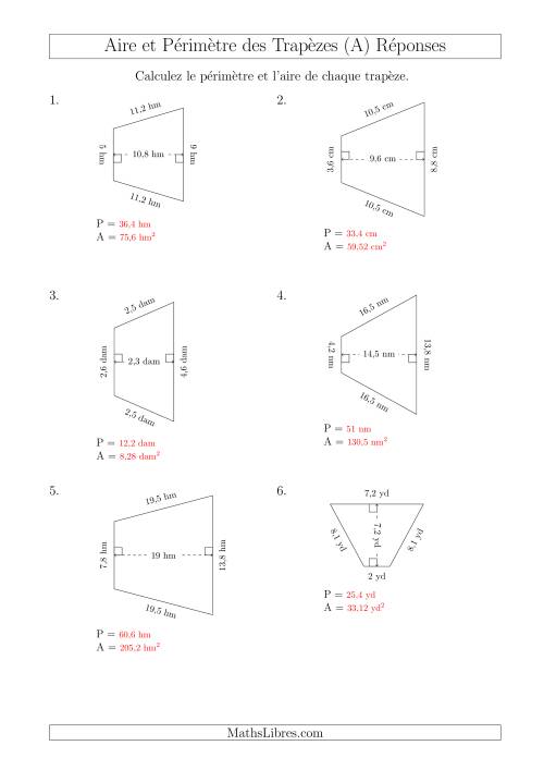 Calcul de l'Aire et du Périmètre des Trapèzes Isocèles (A) page 2