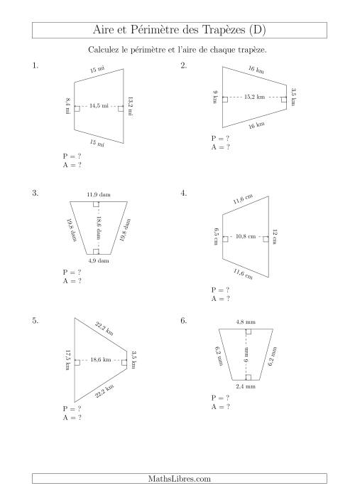 Calcul de l'Aire et du Périmètre des Trapèzes Isocèles (D)