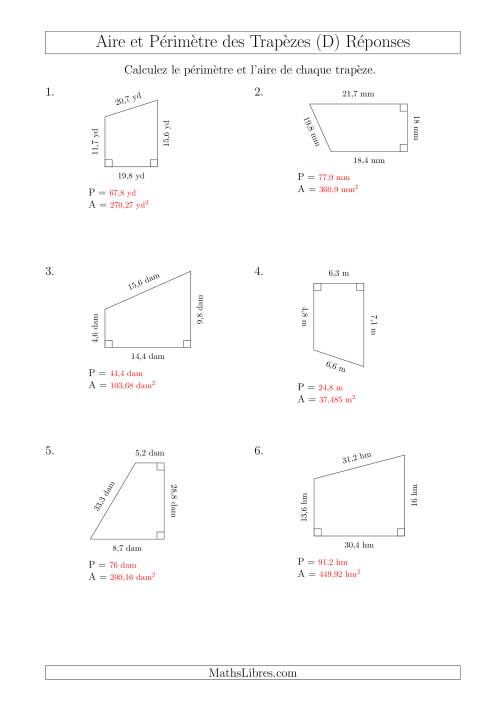 Calcul de l'Aire et du Périmètre des Trapèzes Rectangles (D) page 2