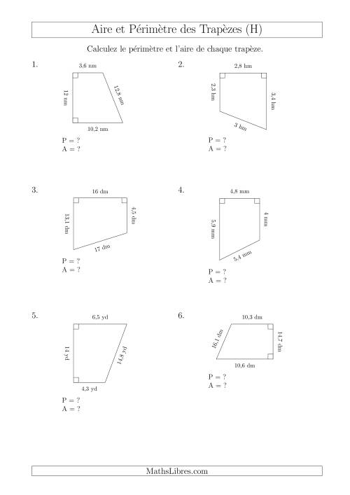 Calcul de l'Aire et du Périmètre des Trapèzes Rectangles (H)