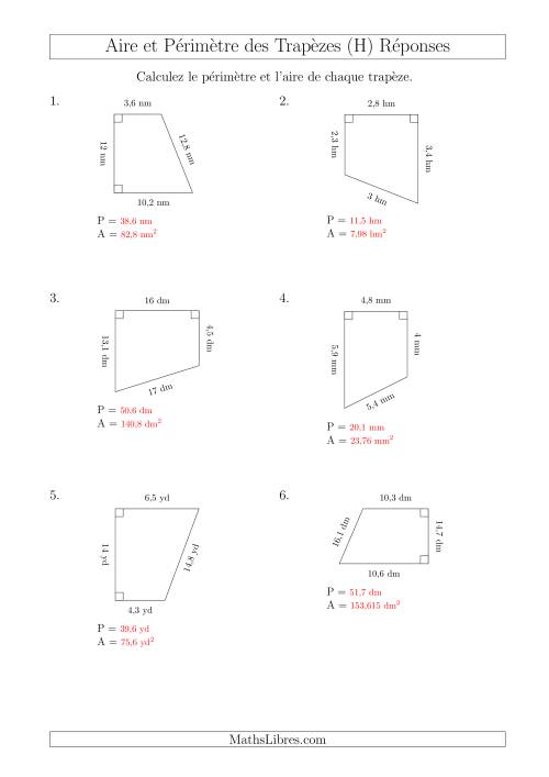 Calcul de l'Aire et du Périmètre des Trapèzes Rectangles (H) page 2