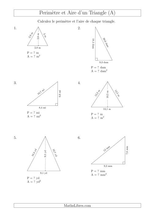 Calcul de l'Aire et du Périmètre des Triangles Aigu et Rectangle (Tout)