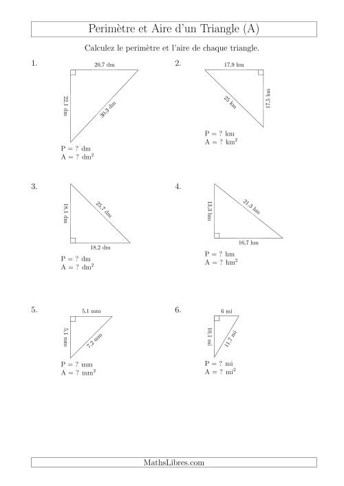 Calcul de l'Aire et du Périmètre d'un Triangle Rectangle (Tout)