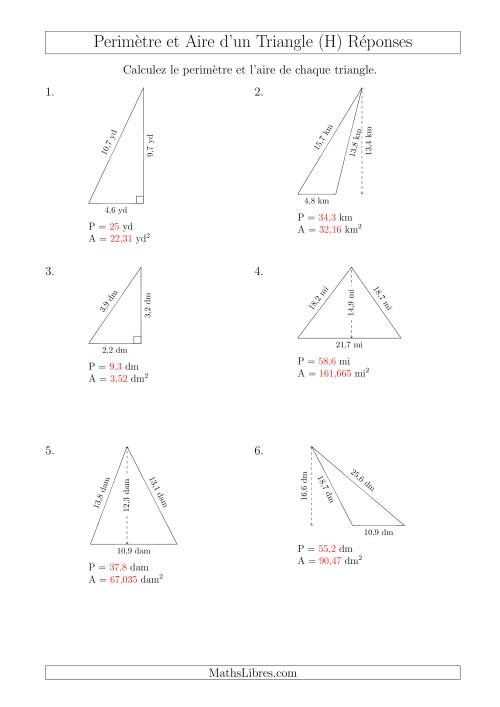 Calcul de l'Aire et du Périmètre des Triangles Divers (H) page 2