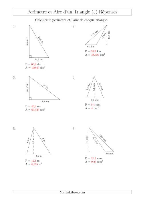 Calcul de l'Aire et du Périmètre des Triangles Divers (J) page 2