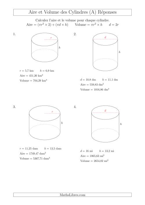 Calcul de l'Aire et du Volume des Cylindres (A) page 2