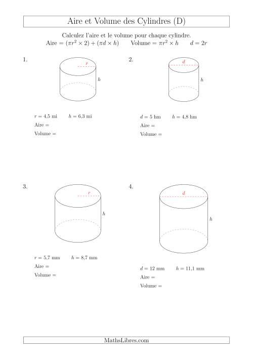 Calcul de l'Aire et du Volume des Cylindres (D)