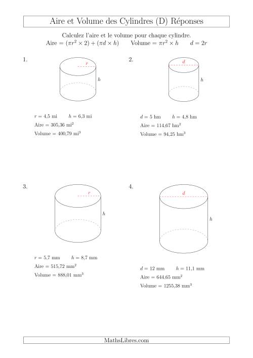 Calcul de l'Aire et du Volume des Cylindres (D) page 2