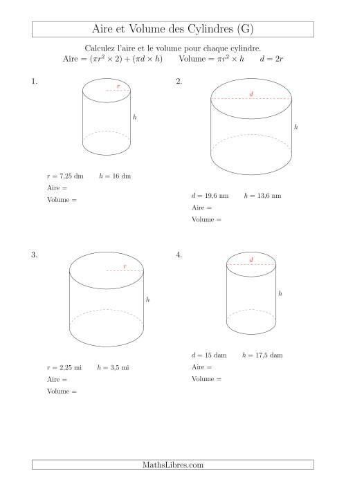 Calcul de l'Aire et du Volume des Cylindres (G)