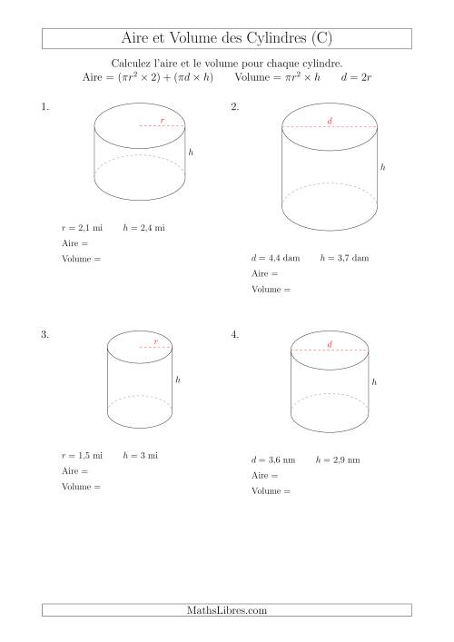 Calcul de l'Aire et du Volume des Cylindres avec de Petits Nombres (C)