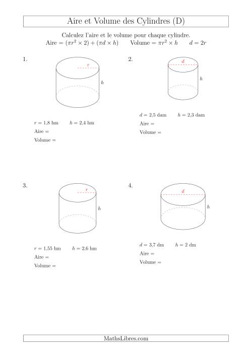 Calcul de l'Aire et du Volume des Cylindres avec de Petits Nombres (D)