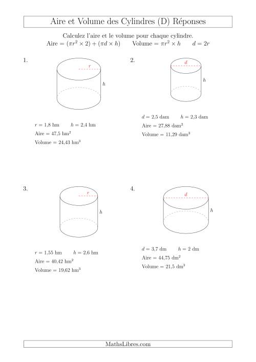 Calcul de l'Aire et du Volume des Cylindres avec de Petits Nombres (D) page 2