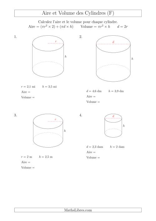 Calcul de l'Aire et du Volume des Cylindres avec de Petits Nombres (F)