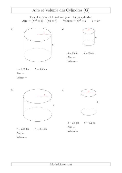 Calcul de l'Aire et du Volume des Cylindres avec de Petits Nombres (G)