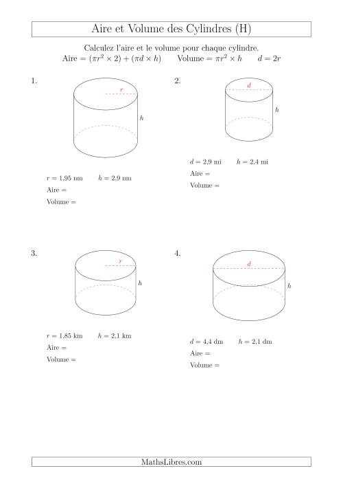 Calcul de l'Aire et du Volume des Cylindres avec de Petits Nombres (H)