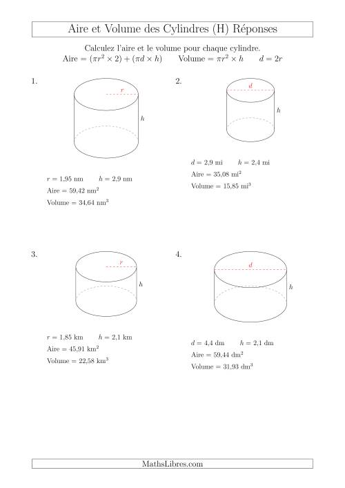 Calcul de l'Aire et du Volume des Cylindres avec de Petits Nombres (H) page 2