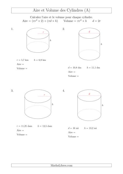 Calcul de l'Aire et du Volume des Cylindres (Tout)