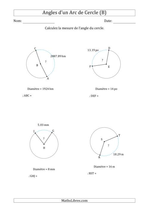 Calcul de l'Angle d’un Arc de Cercle en Tenant Compte de la Diamètre (B)
