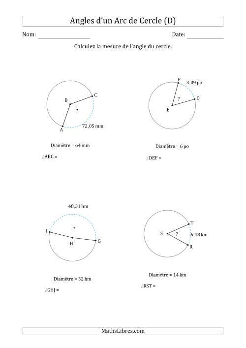 Calcul de l'Angle d’un Arc de Cercle en Tenant Compte de la Diamètre (D)