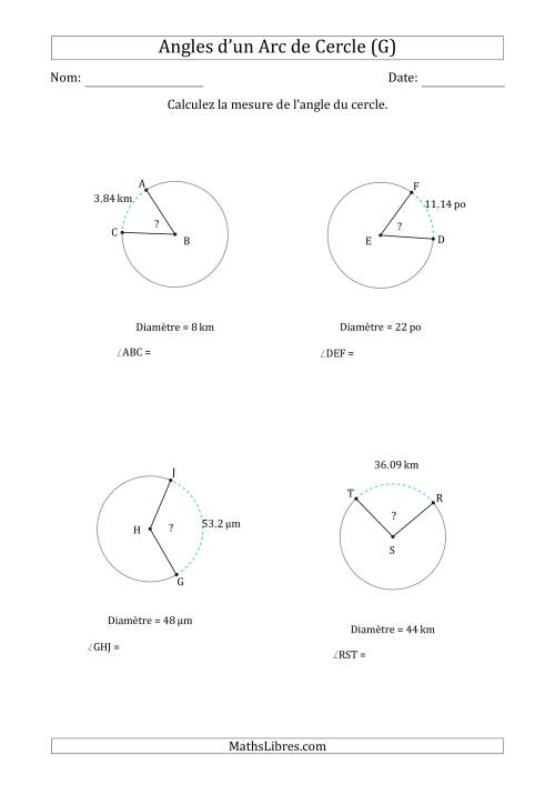 Calcul de l'Angle d’un Arc de Cercle en Tenant Compte de la Diamètre (G)