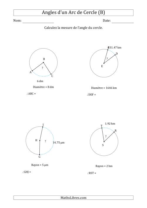 Calcul de l'Angle d'un Arc de Cercle en Tenant Compte du Rayon ou de la Diamètre (B)