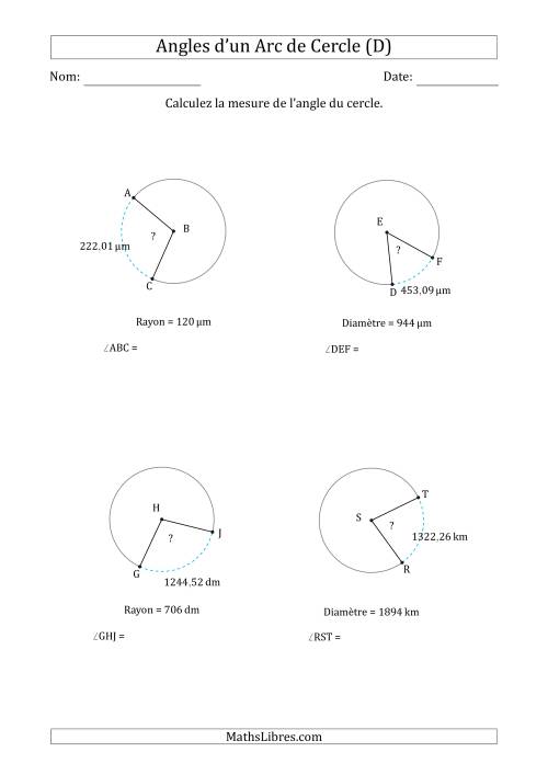 Calcul de l'Angle d'un Arc de Cercle en Tenant Compte du Rayon ou de la Diamètre (D)