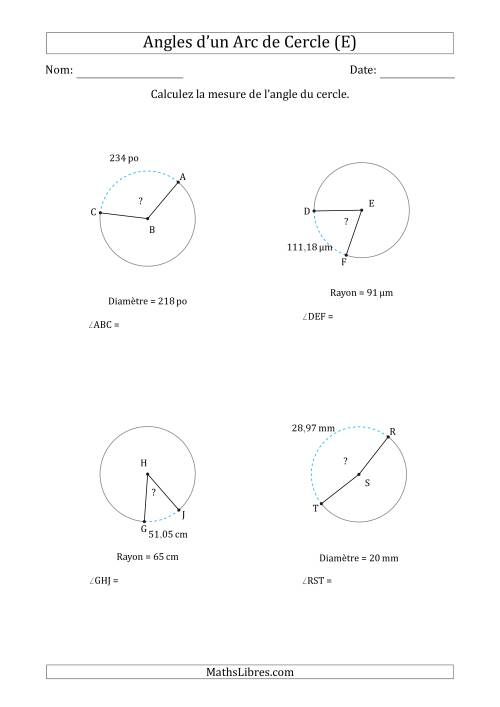 Calcul de l'Angle d'un Arc de Cercle en Tenant Compte du Rayon ou de la Diamètre (E)