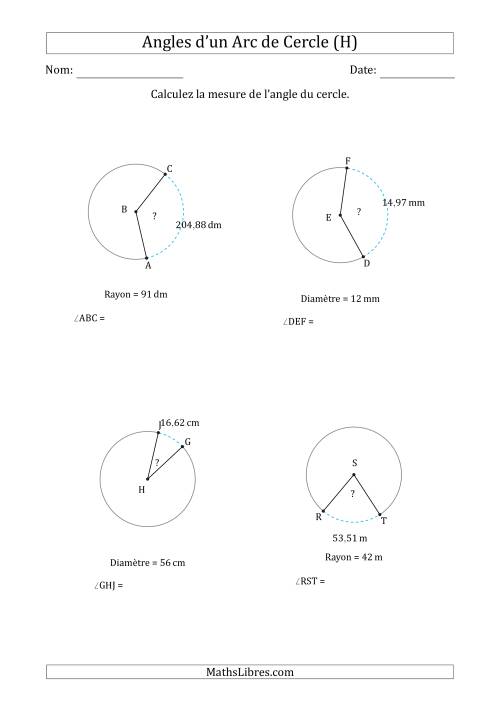 Calcul de l'Angle d'un Arc de Cercle en Tenant Compte du Rayon ou de la Diamètre (H)