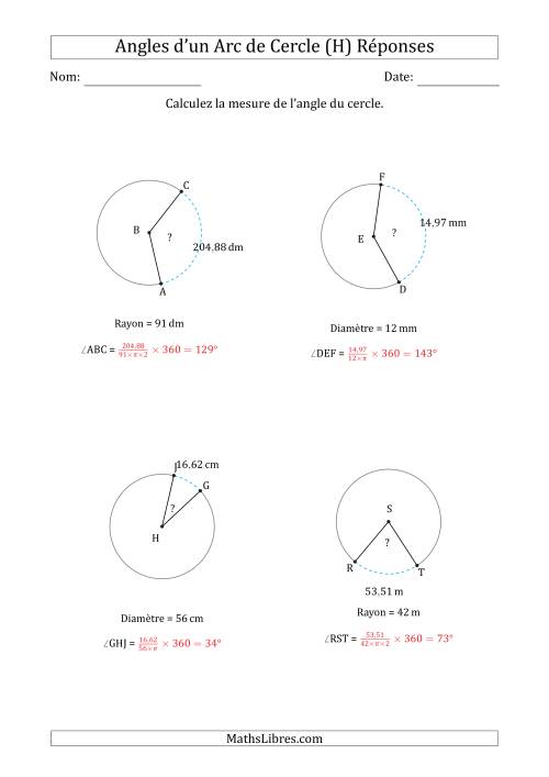 Calcul de l'Angle d'un Arc de Cercle en Tenant Compte du Rayon ou de la Diamètre (H) page 2