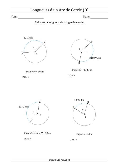 Calcul de l'Angle d'un Arc de Cercle en Tenant Compte de la Circonférence, la Diamètre ou du Rayon (D)
