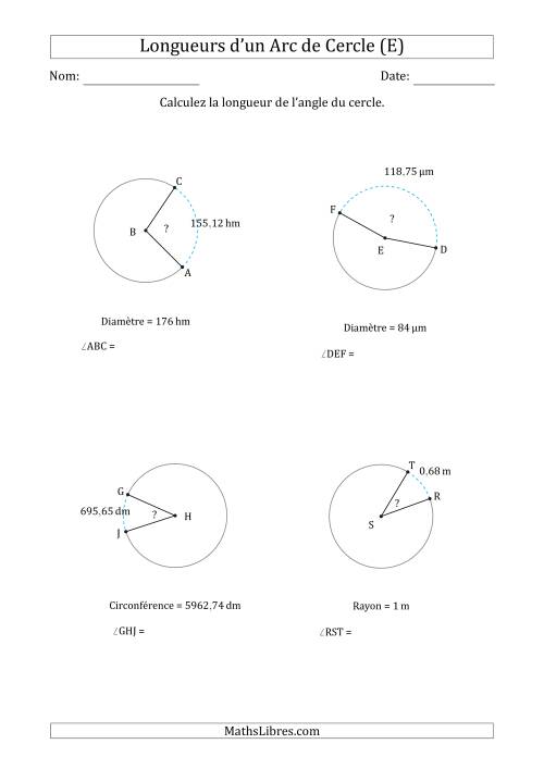 Calcul de l'Angle d'un Arc de Cercle en Tenant Compte de la Circonférence, la Diamètre ou du Rayon (E)